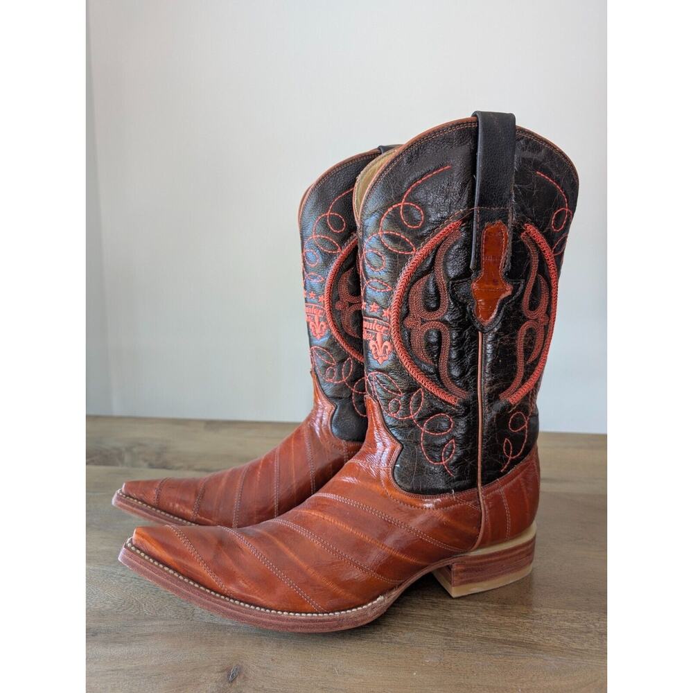 Premier Cowboy Boots Mens Size 8 Brown Leather Embroidered Pointed Toe Pull On - Picture 2 of 4